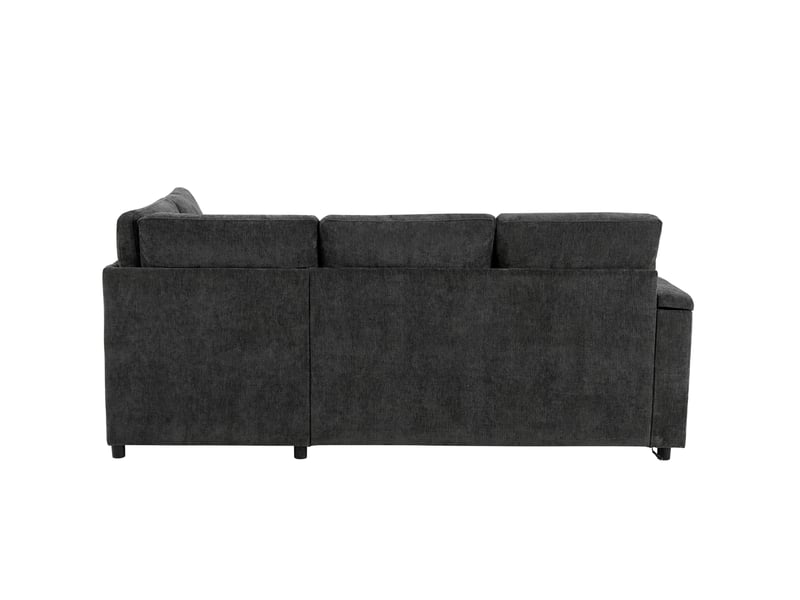  Canapé d'angle convertible 206,5x141x86 cm 4 places, coffre de rangement, porte-gobelet, usb intégré, tissu chenille gris foncé  - Conforama E
