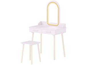 Coiffeuse enfant avec miroir led et 2 tiroirs en mdf et pin rose 60 x 36 x 100 cm