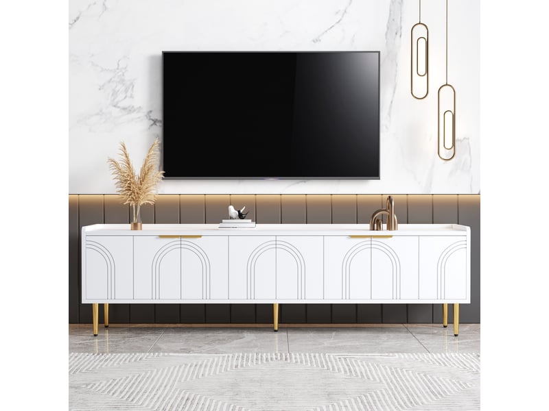  Meuble tv blanc avec porte structurée 3d, poignées et pieds dorés, 170 x 35 x 47,5 cm  - Conforama B