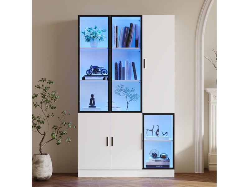  Vitrine led 120x35x200 cm – blanc – 10 espaces de rangement, portes en verre et éclairage contrôlable  - Conforama B
