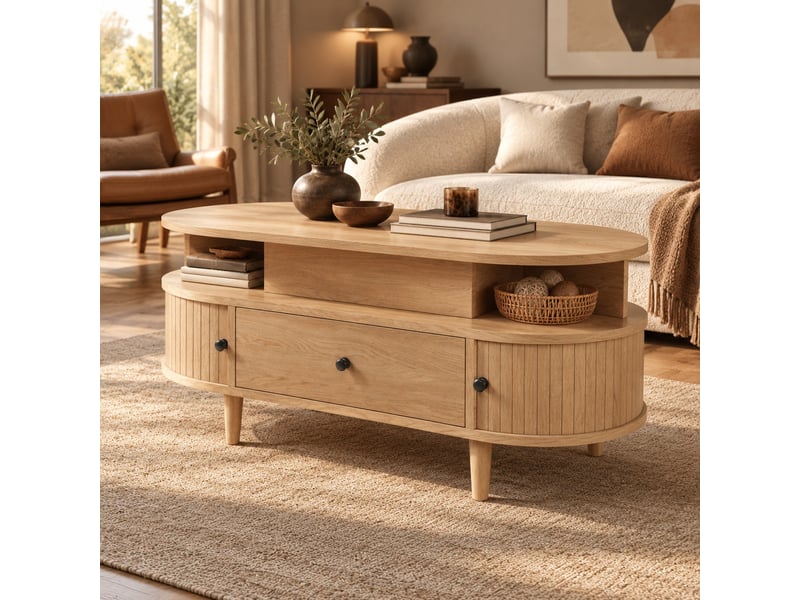  Table basse ovale relevable avec rangement - lpospi - plateau à gaz, mdf naturel, 105 × 50 × 60,5 cm  - Conforama C