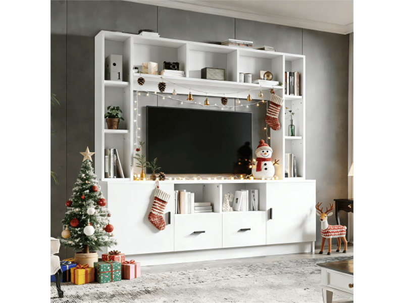  Ensemble meuble tv mural 180 cm avec vitrine, étagères, 2 portes, 2 tiroirs, 11 rangements, blanc, pour tv 60 pouces  - Conforama B