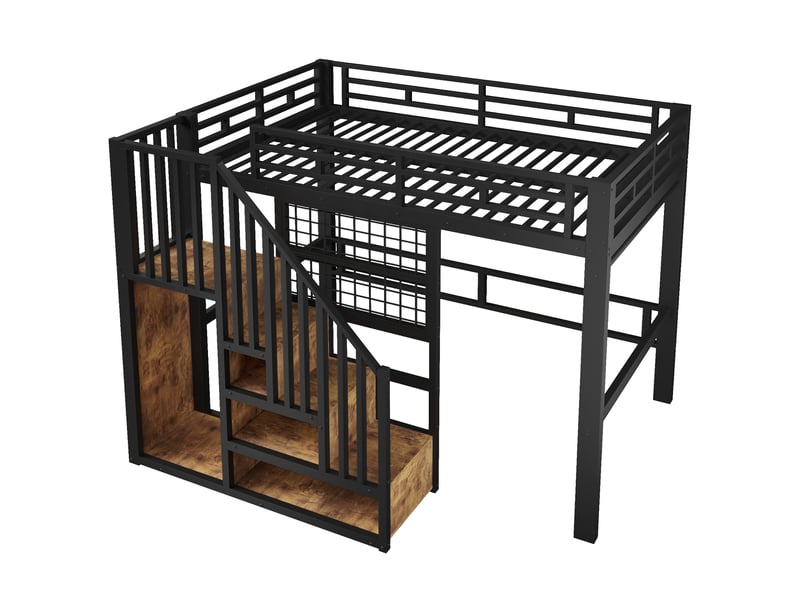 Lit mezzanine 140x200 cm en métal noir avec escalier rangement, grille et led - Conforama A