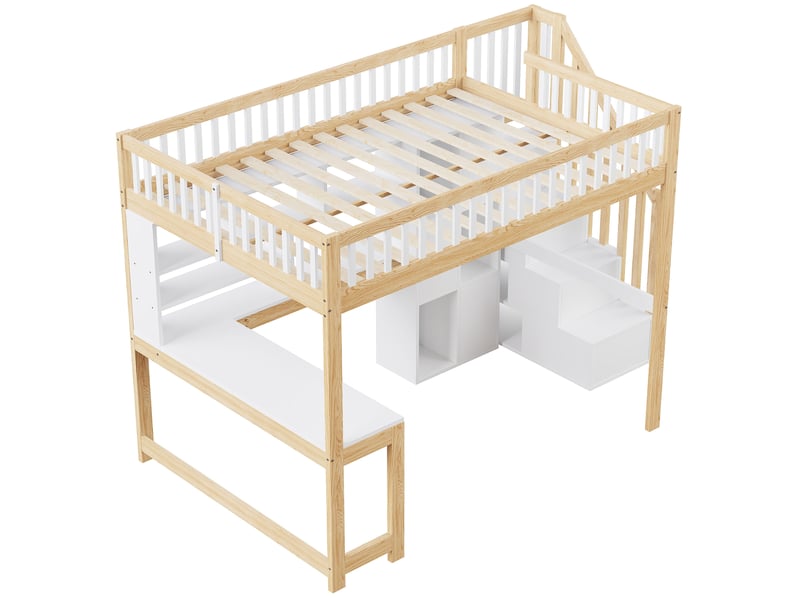 Lit mezzanine blanc et naturel 140x200 cm, led, bureau, escalier-rangement, étagères - Conforama D