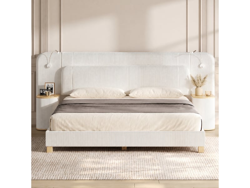  Lit rembourré beige 180 x 200 cm en velours côtelé avec chevets intégrés et éclairage led  - Conforama D