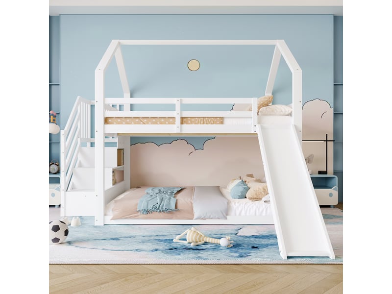 Lit superposé avec toboggan et escalier, lit cabane enfant 140x200 avec rangement, lit enfant blanc avec barrière de sécurité - Conforama E