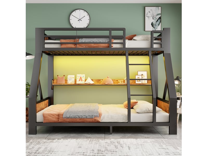  Lit superposé 90x200140x200 cm avec rangement et led, métal et bois, noir  - Conforama D