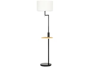 Lampadaire avec étagère intégrée en bambou, abat-jour aspect lin, pied en acier, noir et beige