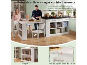 Table bar pivotante 360° haute meuble bar comptoir rangement îlot cuisine 3 portes 3 tiroirs et étagères cloisons réglables, blanc