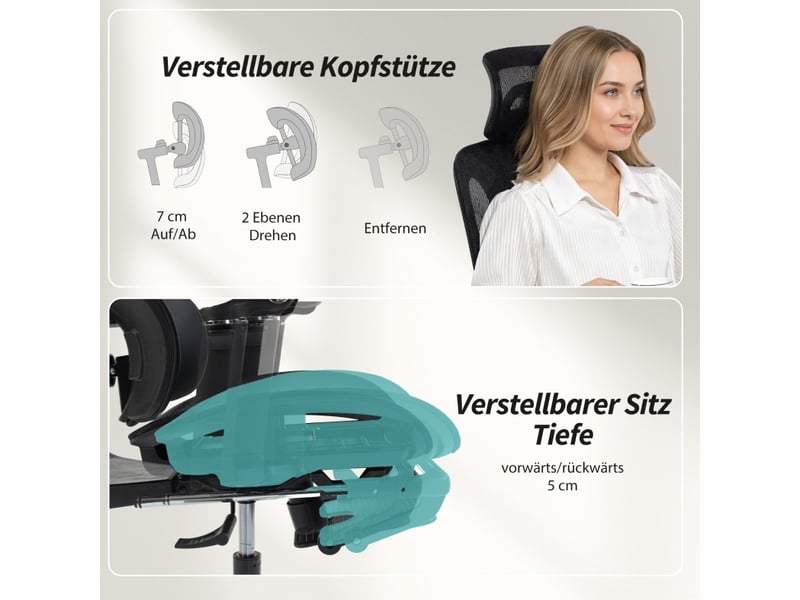  Chaise de bureau ergonomique 71x67x133 cm avec appui-tête réglable, accoudoirs 6d et repose-pieds noir  - Conforama E