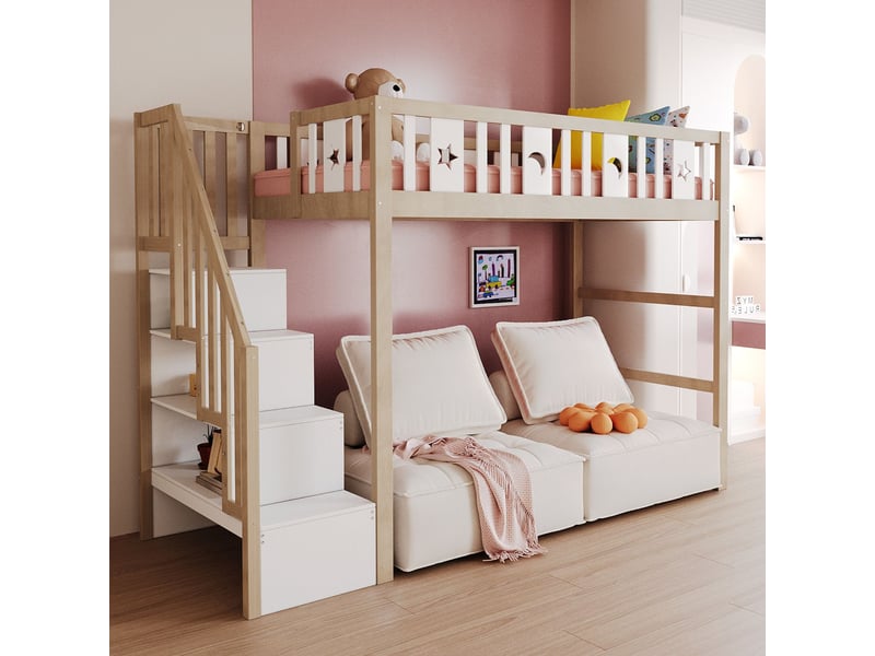  Lit mezzanine enfant 90x200, bois massif escalier rangement, sécurité garde-corps design étoiles lunes  - Conforama B