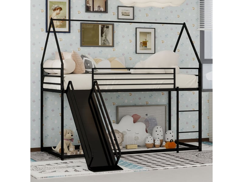  Lit superposé enfant 90x190 cm superposé avec toboggan et échelle, cadre en métal noir, design ludique et gain de place pour chambre  - Conforama B