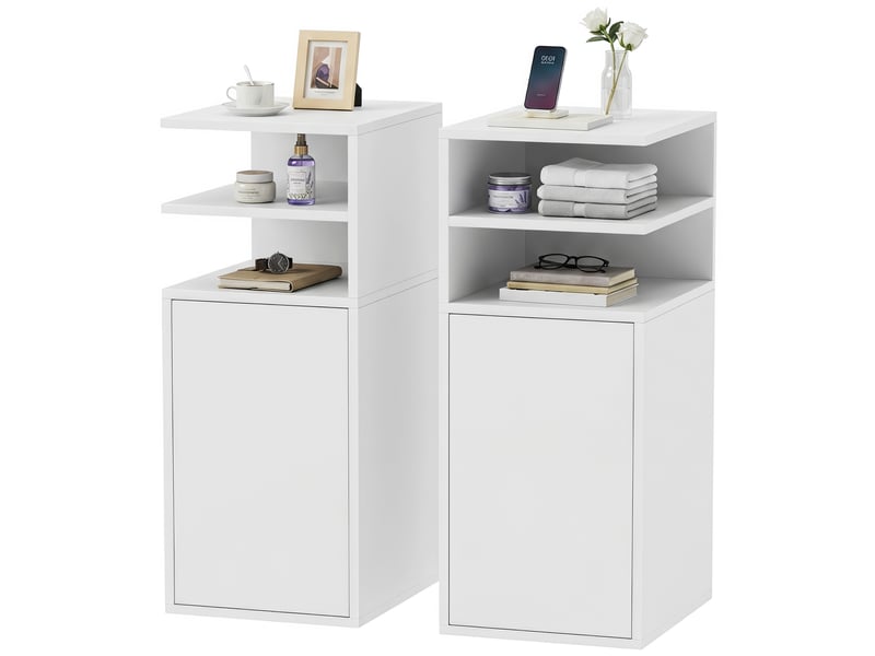  Ensemble de 2 tables de chevet avec porte et compartiments ouverts pour petits espaces, 25 x 30 x 60 cm, blanches  - Conforama B