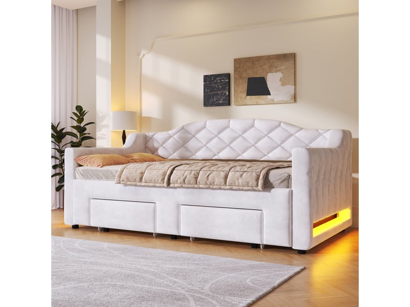 Canapé-lit extensible 90/180x200 cm, 2 tiroirs, led 7 couleurs, velours blanc, sans matelas - Conforama R