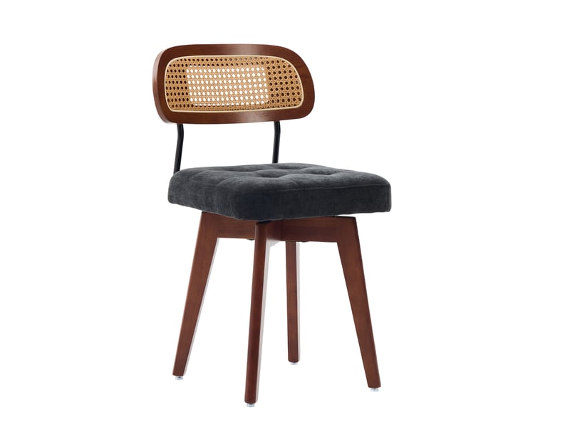  Chaises de salle à manger, lot de 2, pivotantes à 360°, dossier en rotin tressé et assise rembourrée en chenille noire  - Conforama A