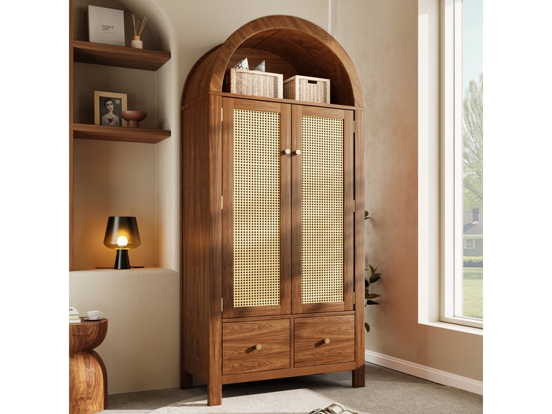  Armoire penderie 181x78x45 cm avec 2 portes en rotin, armoire de chambre avec fermeture magnétique, 2 tiroirs, tringle et niche arrondie, effet noyer Seren Glow - Conforama B