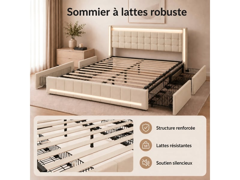  Lit 140x190 cm avec 4 tiroirs, éclairage led rgb et ports usbtype-c, KEFSR lin tissu beige  - Conforama W