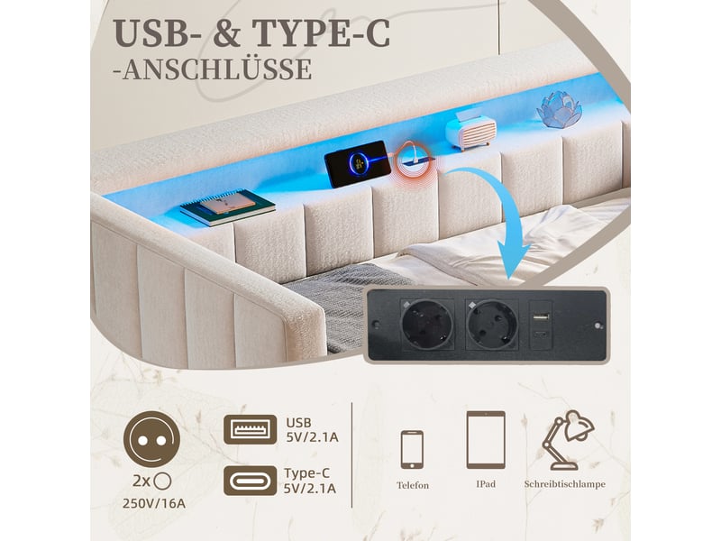  Lit gigogne enfant 90x190 cm canapé-lit avec led et rangement, velours, beige, sans matelas  - Conforama D