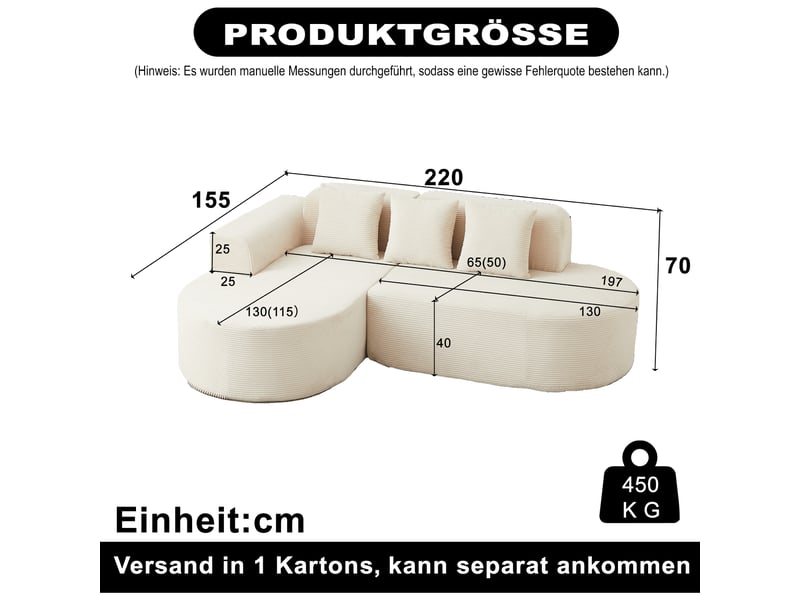 Canapé d'angle velours côtelé 4 places 220 cm beige, méridienne incurvée, sans montage - Conforama C