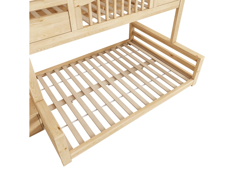 Lit superposé enfant 90140x200 cm- lit cabane - toit à pignon - escalier placard - 3 étagères - garde-corps - bois naturel - Conforama D