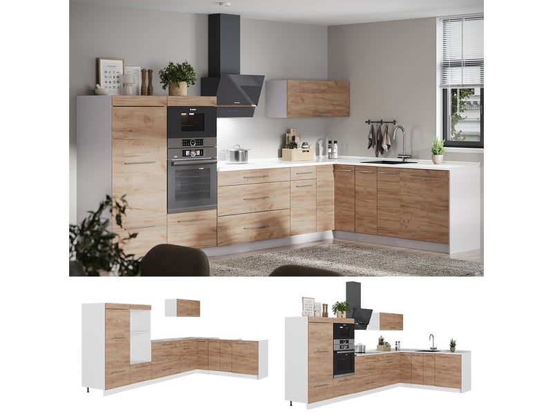  Vicco cuisine en angle, chêne de force doré, 347x51.6cm sans pt  - Conforama D