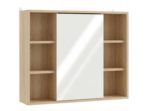 Meuble salle de bain avec miroir, placard à portes et 6 compartiments ouverts, 60 x 14,5 x 49,4 cm, bois naturel
