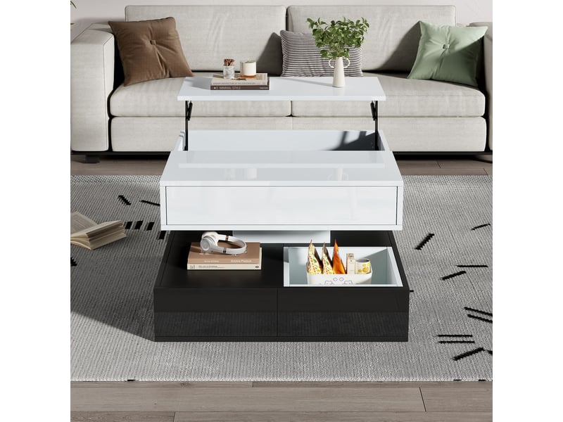 Table basse 70x70x40, finition laquée blanc noir table basse salon, plateau rotatif 360°, 3 tiroirs, rangement intégré, plateau relevable - Conforama B