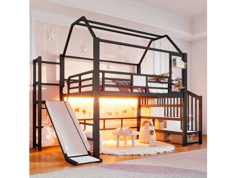  Lit mezzanine enfant tcqpz 140 x 200 cm avec toboggan escalier rangement led bluetooth métal noir  - Conforama D