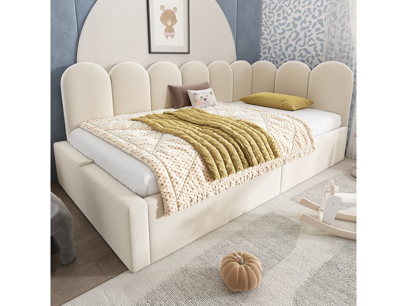  Lit coffre 90x190 cm avec rangement hydraulique et sommier à lattes en métal, velours, beige, sans matelas  - Conforama E