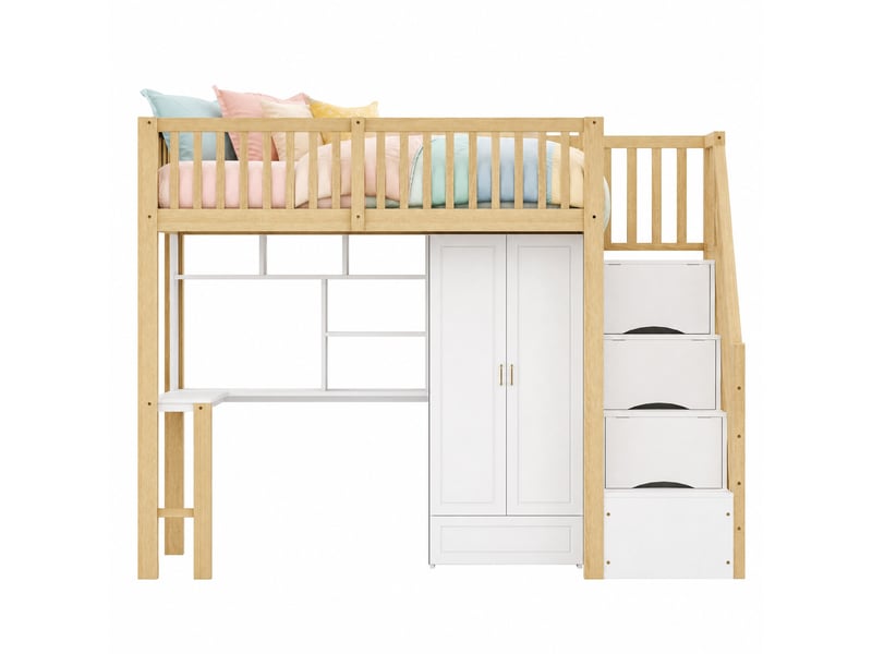  Lit mezzanine 90 x 200 cm avec armoire, bureau, étagère et escalier de rangement  - Conforama A