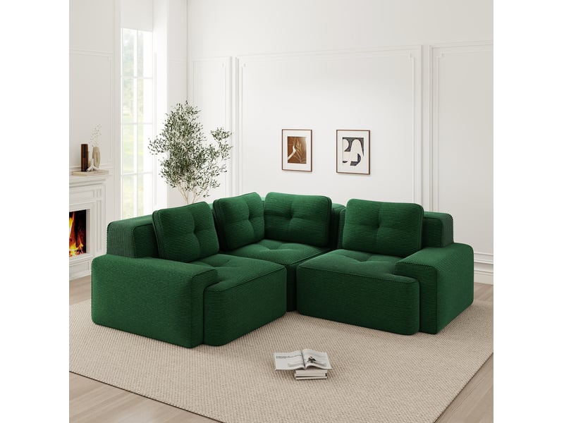  Canapé d'angle modulable 3 places en velours côtelé vert - 206 x 206 x 69 cm  - Conforama C