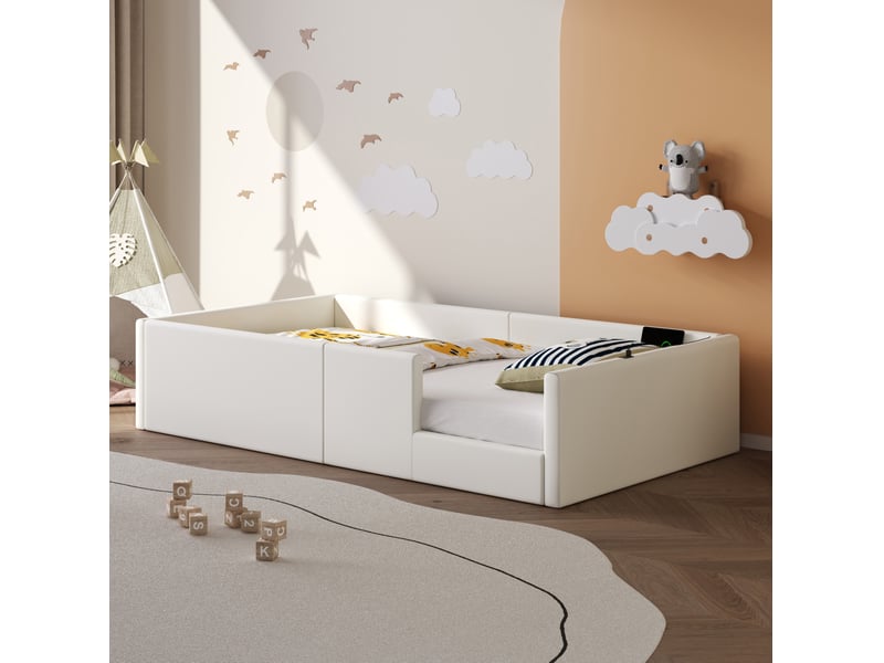  Lit simple 90x200 cm rembourré blanc avec barrière et station de charge  - Conforama E