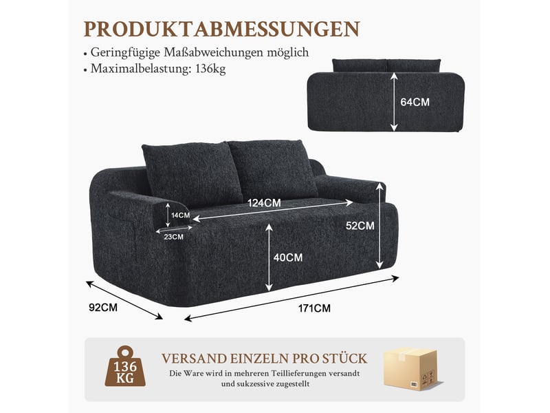 Canapé convertible modulaire 2 places noir en velours côtelé avec 2 coussins - Conforama C
