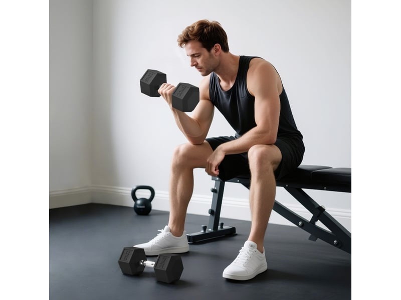 Lot de 2 haltères hexagonaux 20 kg noirs en fonte, poignée moletée, entraînement de musculation à domicile - Conforama D