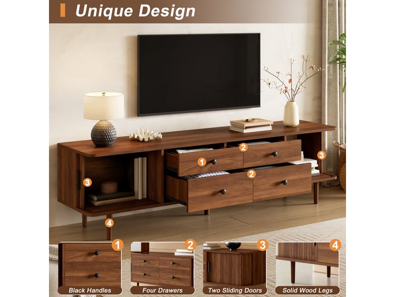  Meuble tv 165 cm en mdf avec 4 tiroirs et 2 portes coulissantes, coloris noyer, angles arrondis  - Conforama D