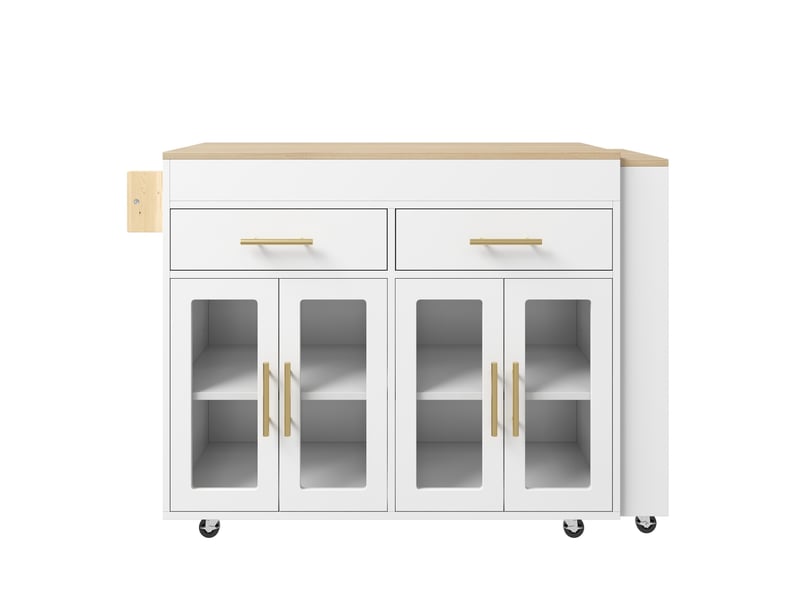  Îlot de cuisine mobile avec plan de travail extensible, chariot à roulettes, meuble de rangement blanc, 132,5-217 x 50 x 93 cm  - Conforama D