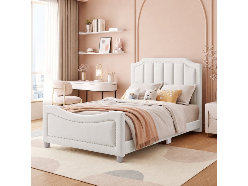  Lit enfant rembourré 90x200 cm en flanelle beige avec dossier  - Conforama C