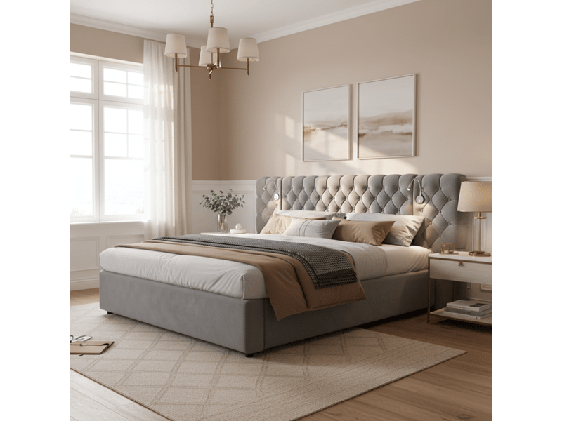 Lit coffre double 180 x 200 cm, coffre à relevage hydraulique, lampe de lecture, tête de lit large, sommier à lattes, pour la chambre, velours, gris ABC - Conforama E
