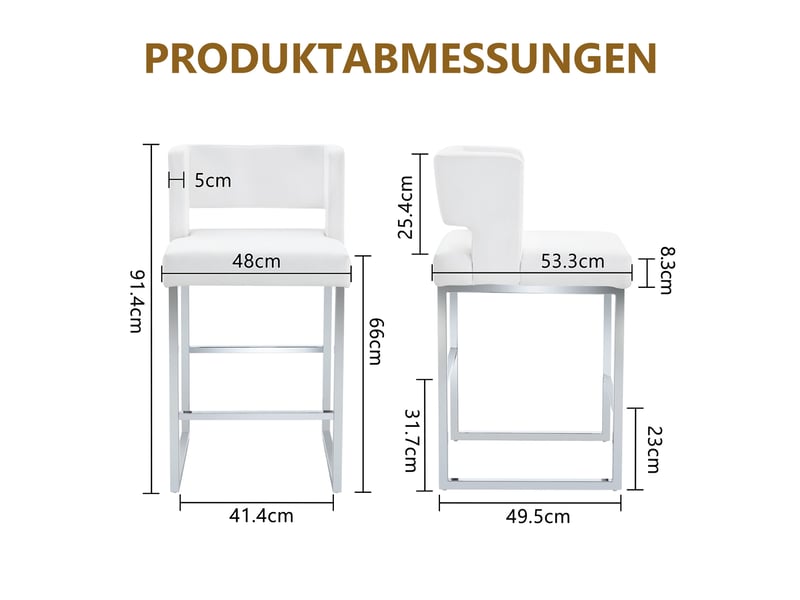  Lot de 2 tabourets de bar 53x48x91 cm, rembourrage en pu blanc, structure métallique argentée, chaises hautes à assise carrée, meuble cuisine  - Conforama C