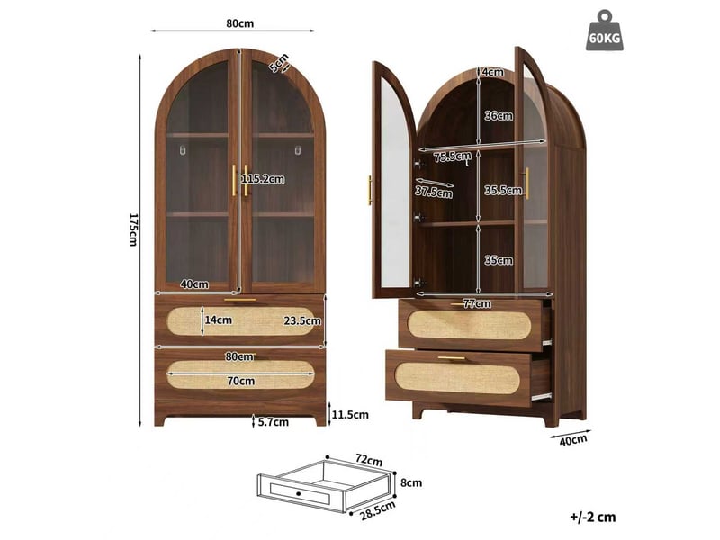 Meuble de cuisine muvano, vitrine avec portes en verre, effet noyer, 2 tiroirs, 80 × 40 × 175 cm - Conforama W