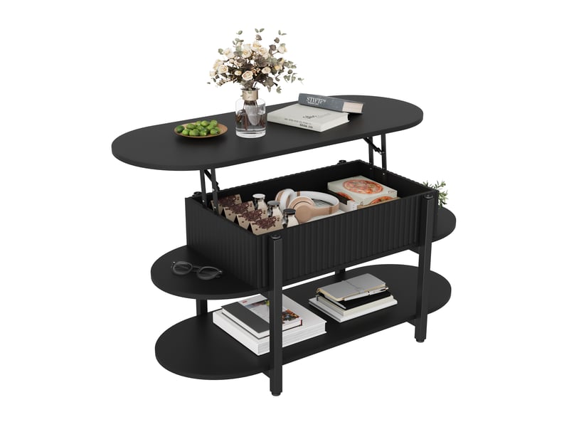  Table basse relevable – plateau ovale – rangement intégré –  design moderne – noir  - Conforama A