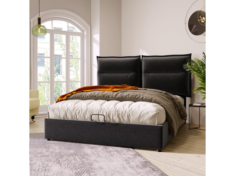  Lit double rembourré 140 x 200 cm avec coffre hydraulique, tête de lit réglable et matelas 25 cm inclus, velours noir Fay Lum - Conforama E