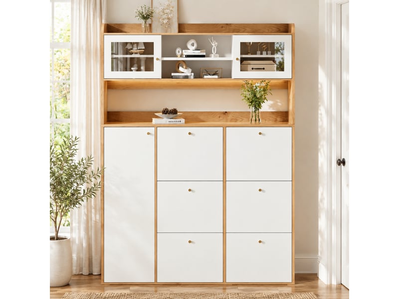  Meuble à chaussures étroit avec 6 compartiments basculants, verre et led, blanc et naturel  - Conforama B