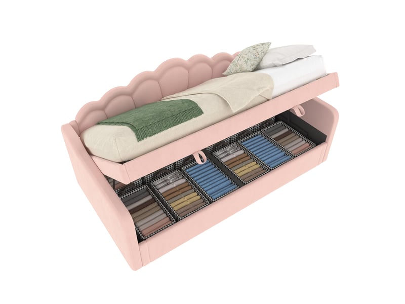  Lit coffre enfant 90x200cm avec éclairage led multicolore, design ondulé, velours, rose, sans matelas  - Conforama A