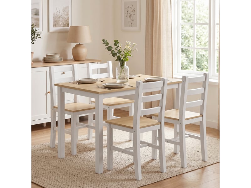  Ensemble de salle à manger 5 pièces pour 4 personnes, table et chaises de style champêtre en bois massif, naturelblanc  - Conforama D