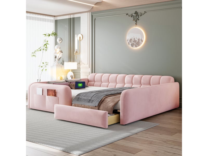  Lit enfant 140 x 200 cm avec grand tiroir, veilleuse et usb-type-c, lit rembourré en velours avec dossier façon canapé et hauts garde-corps - rose  - Conforama C
