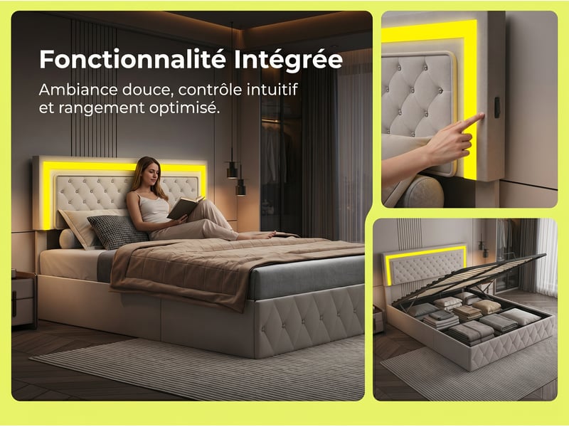  Lit coffre 160 x 200 cm avec tête de lit - led, usb et rangement  - Conforama E