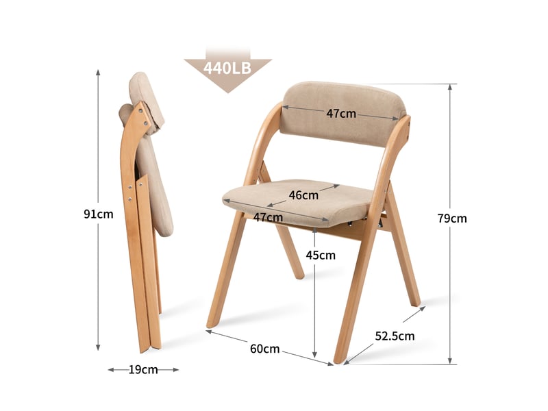  Lot de 2 chaises pliantes 60x52,5x79 cm, empilables, assise rembourrée, housse amovible, chaise d'appoint, bois, kaki  - Conforama C