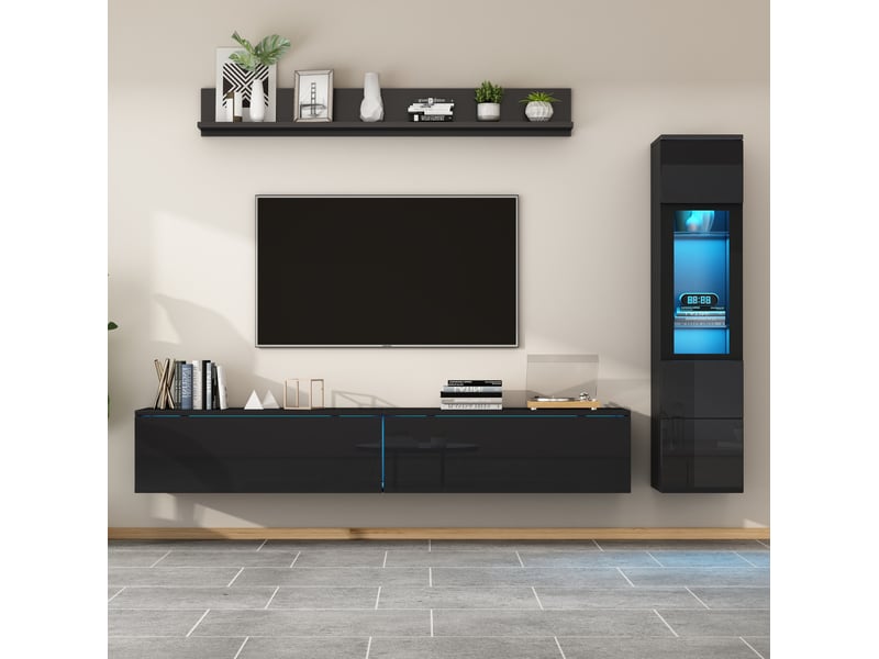 Ensemble meuble tv 3 éléments avec éclairage led, façades brillantes, noir - Conforama D