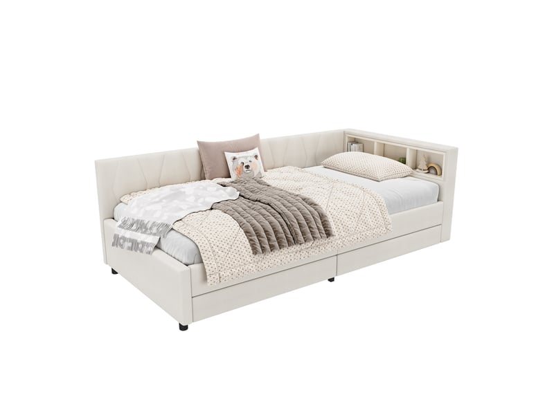  Lit de jour 90x200 cm canapé-lit en lin avec led usb type c et 2 tiroirs de rangement beige  - Conforama A